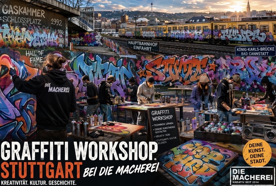 Graffiti Workshop Stuttgart bei Die Macherei – Ursprung, Szene & Kreativität erleben Die Graffiti-Szene in Stuttgart gehört zu den bedeutendsten urbanen Kunstbewegungen Deutschlands.