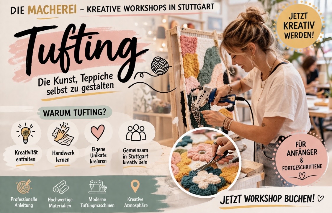 Die Macherei – Kreative Workshops in Stuttgart Tufting: Die Kunst, Teppiche selbst zu gestalten In Die Macherei – Kreative Workshops in Stuttgart entdecken immer mehr Menschen die faszinierende Technik des Tuftings. Ob als kreativer Ausgleich, DIY-Trend oder Einstieg in die textile Gestaltung – Tufting verbindet Handwerk, Design und moderne Kunst auf einzigartige Weise.